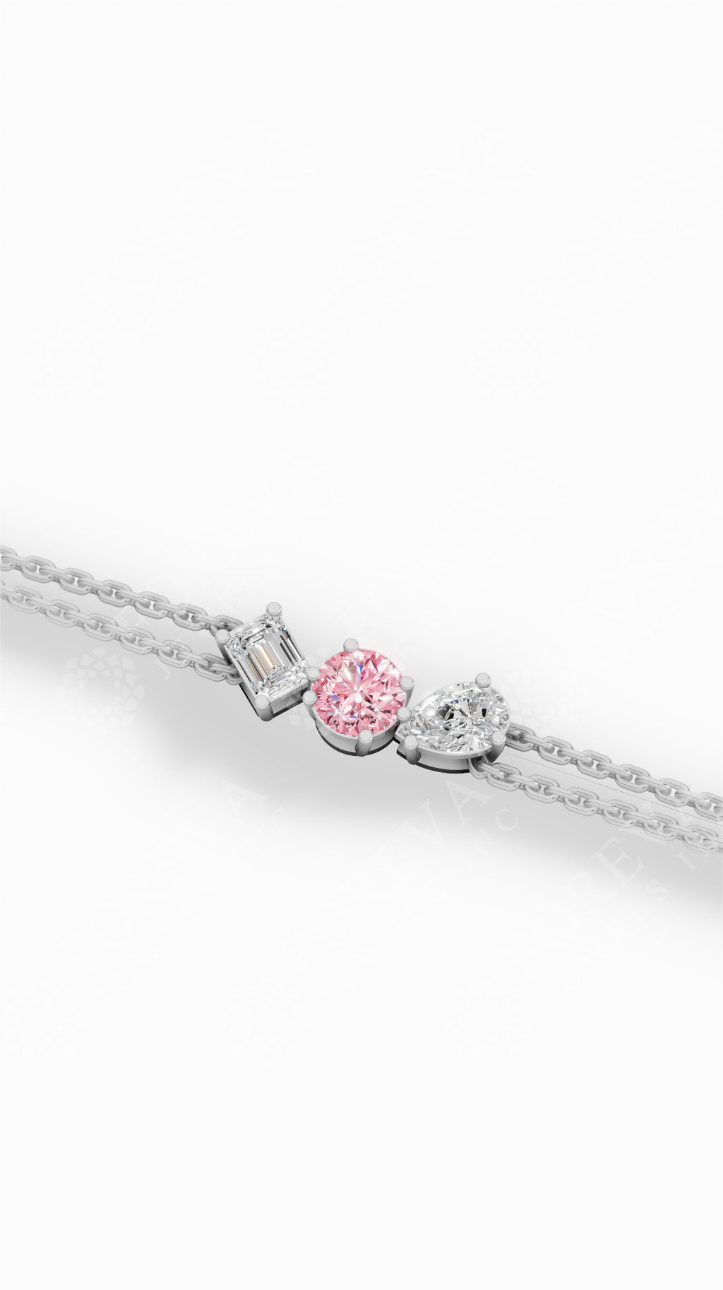 Trio Of Light Pink Rounds With Pear & Emerald Cut Delicate Double-Chain Bracelet Moissanite and Sterling Silver 0.9 CTW