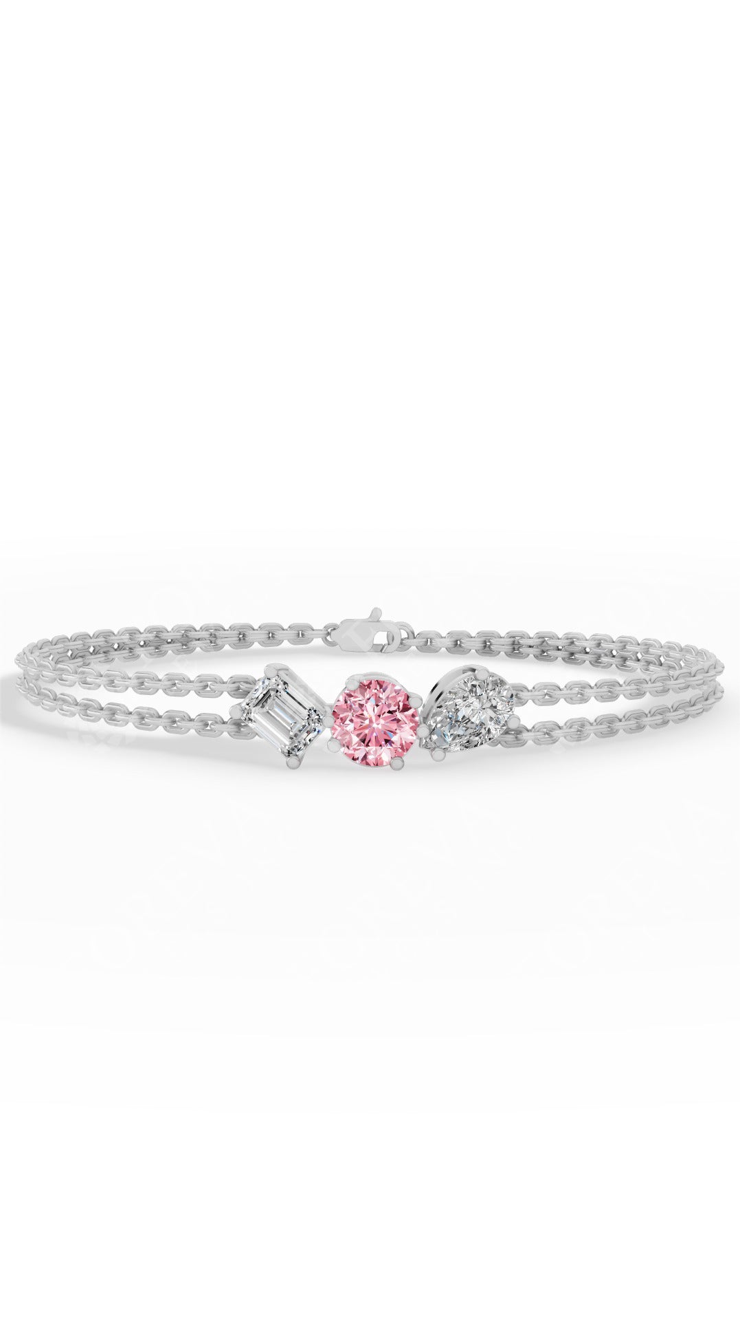 Trio Of Light Pink Rounds With Pear & Emerald Cut Delicate Double-Chain Bracelet Moissanite and Sterling Silver 0.9 CTW