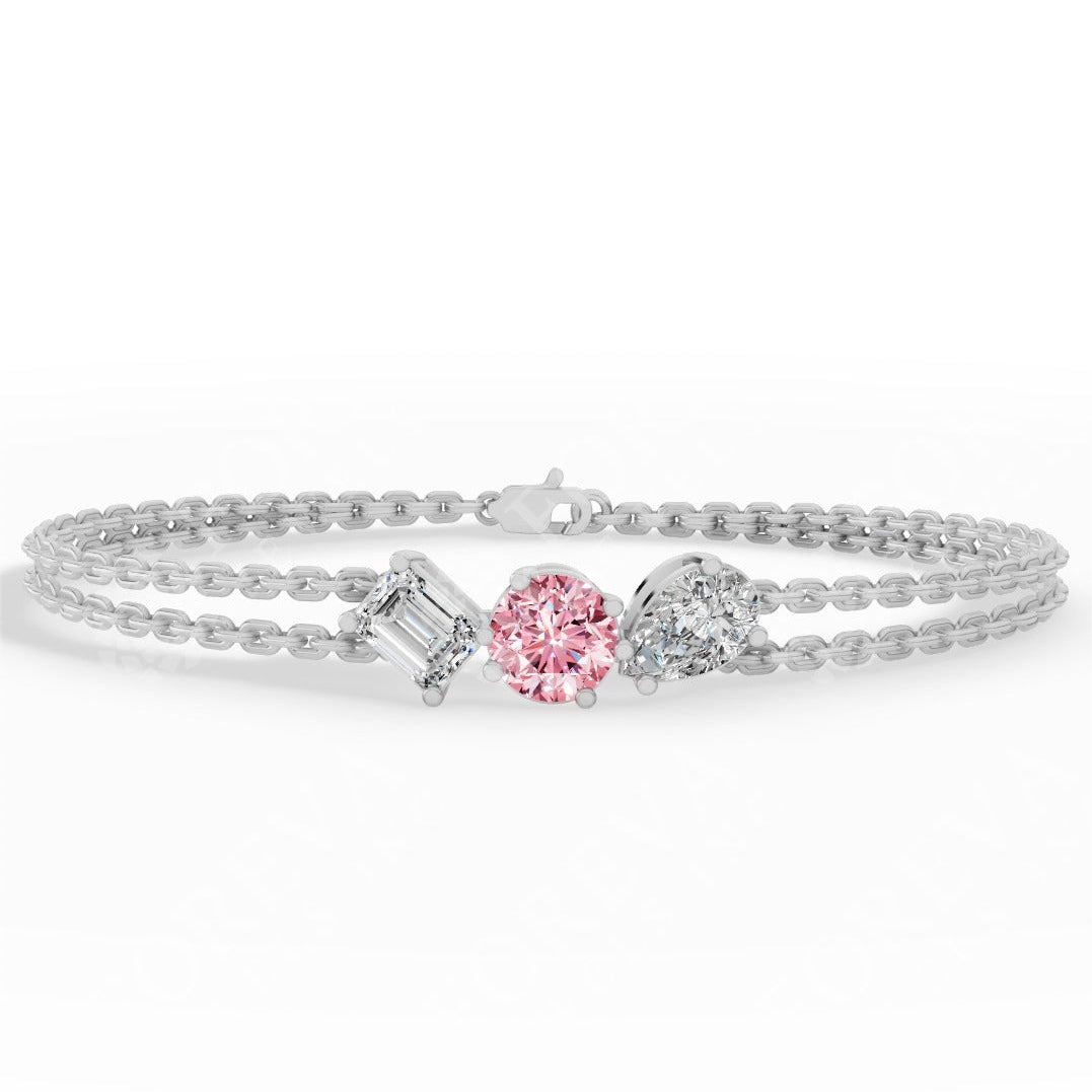 Trio Of Light Pink Round With Pear & Emerald Cut Lab Grown Diamond Delicate Double-Strand Bracelet