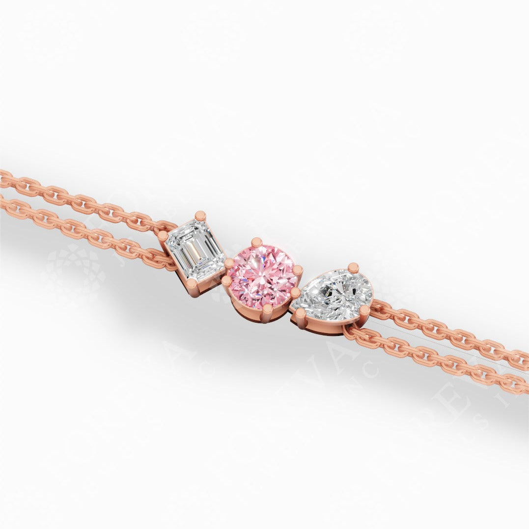 Trio Of Light Pink Round With Pear & Emerald Cut Lab Grown Diamond Delicate Double-Strand Bracelet 18 rose gold