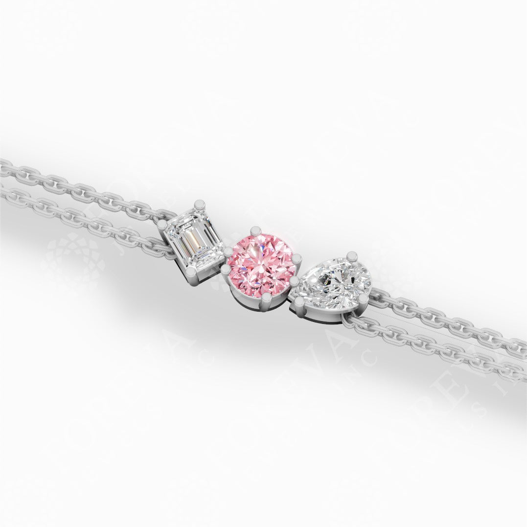 Trio Of Light Pink Round With Pear & Emerald Cut Lab Grown Diamond Delicate Double-Strand Bracelet 18k white gold