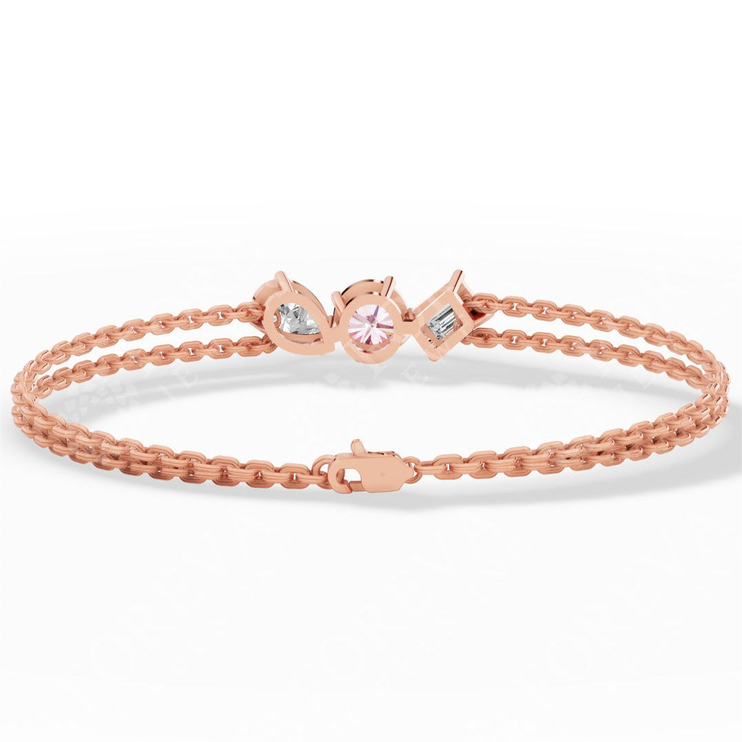 Trio Of Light Pink Round With Pear & Emerald Cut Lab Grown Diamond Delicate Double-Strand Bracelet rose gold back