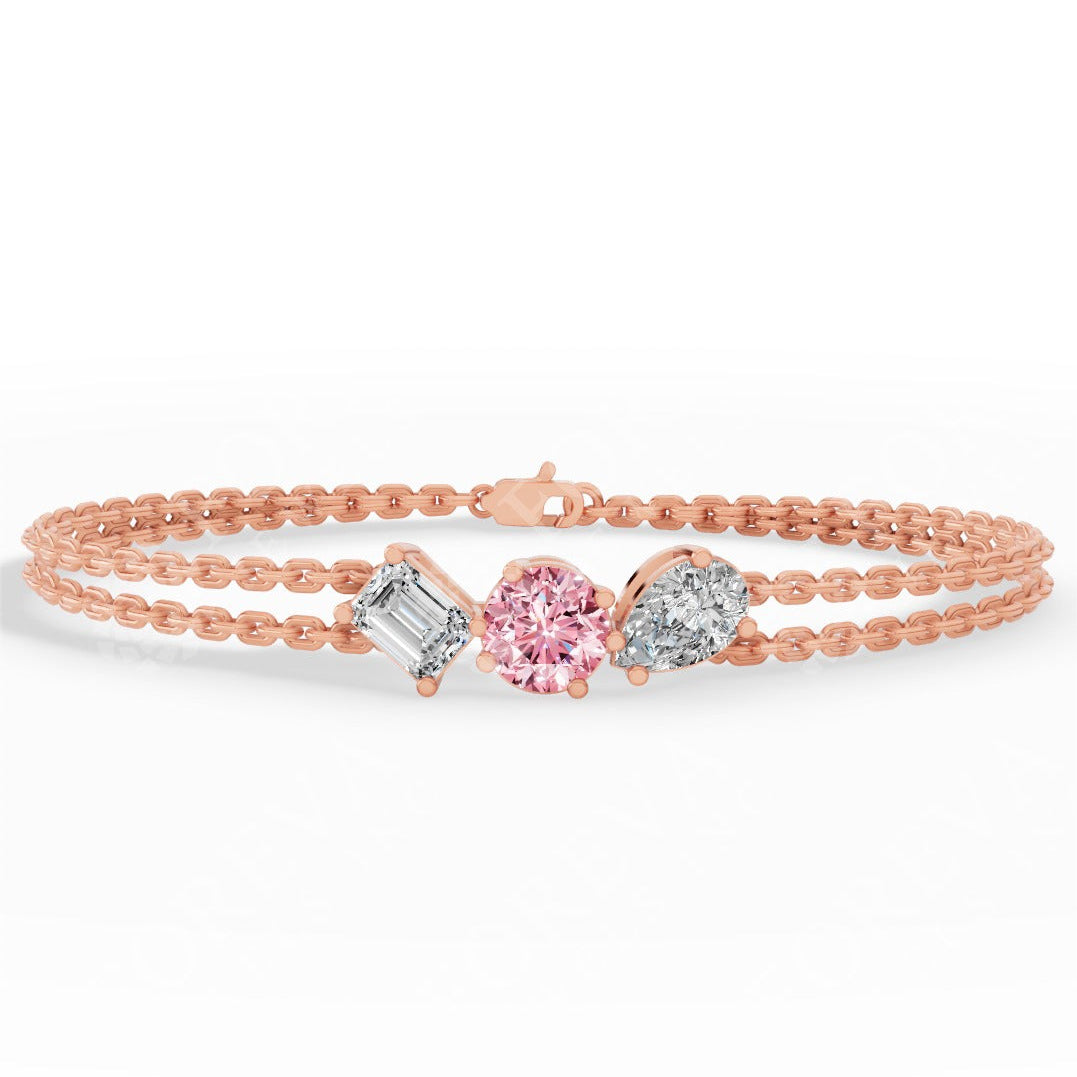Trio Of Light Pink Round With Pear & Emerald Cut Lab Grown Diamond Delicate Double-Strand Bracelet rose gold