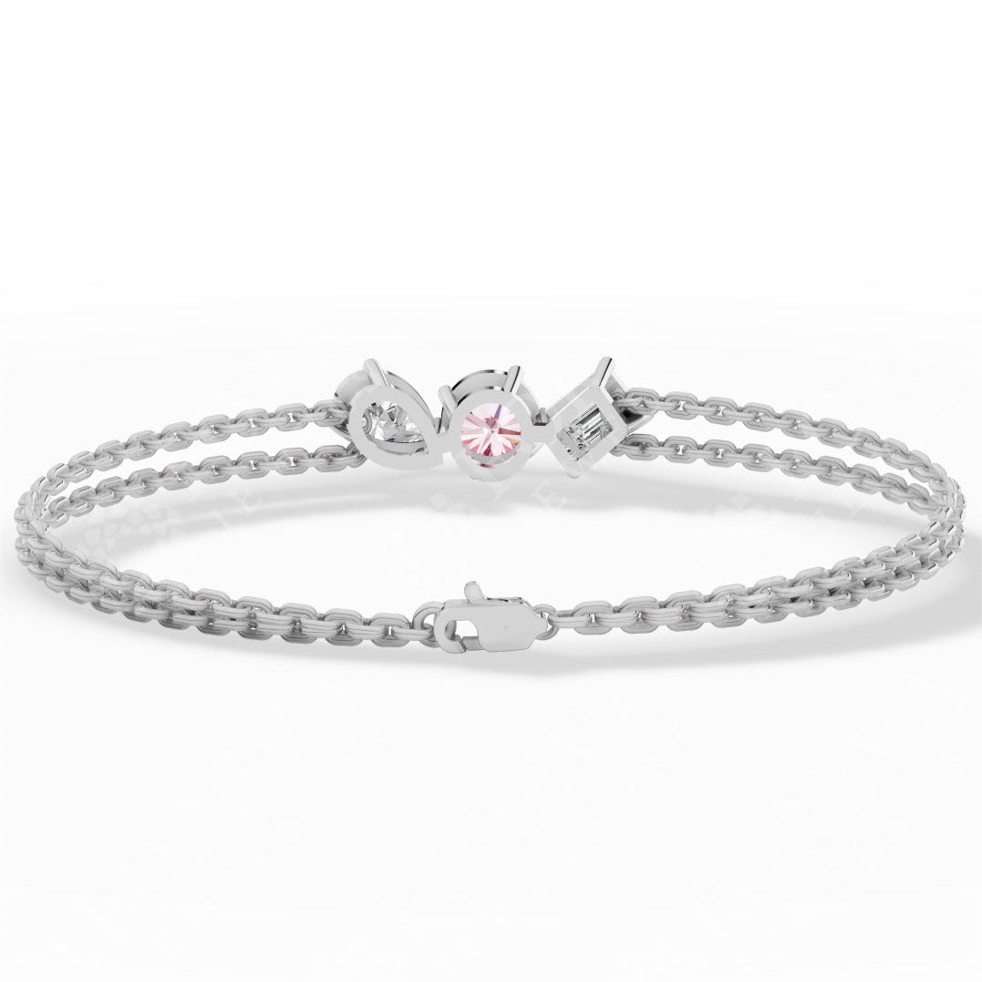 Trio Of Light Pink Round With Pear & Emerald Cut Lab Grown Diamond Delicate Double-Strand Bracelet white gold back