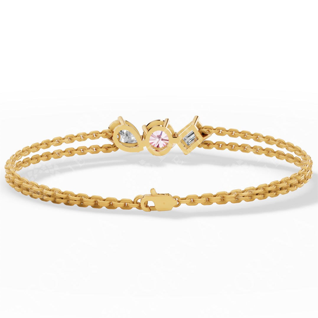 Trio Of Light Pink Round With Pear & Emerald Cut Lab Grown Diamond Delicate Double-Strand Bracelet yellow gold back