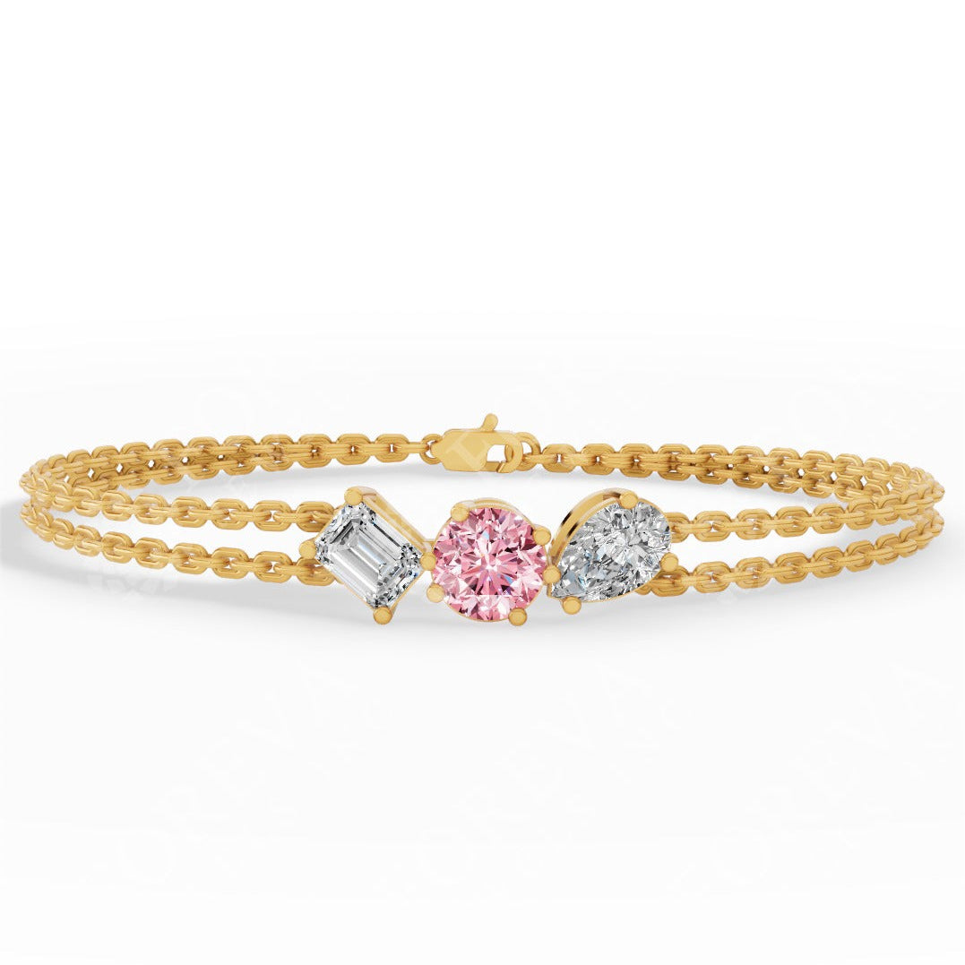 Trio Of Light Pink Round With Pear & Emerald Cut Lab Grown Diamond Delicate Double-Strand Bracelet yellow gold