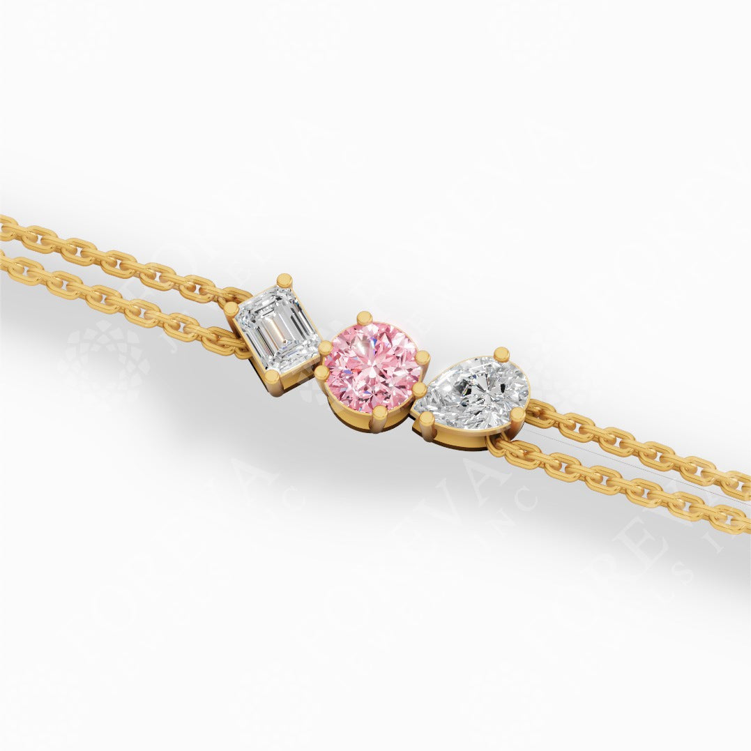 Trio Of Light Pink Round With Pear & Emerald Cut Lab Grown Diamond Delicate Double-Strand Bracelet 18k yellow gold