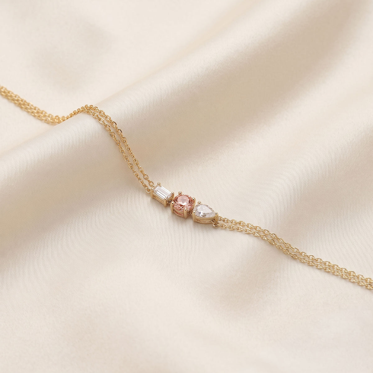 Trio Of Light Pink Rounds With Pear & Emerald Cut Delicate Double-Chain Bracelet Lab Grown Diamonds 10K Yellow Gold 0.80 CTW