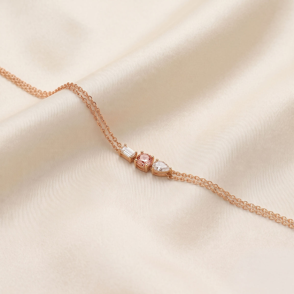 Trio Of Light Pink Rounds With Pear & Emerald Cut Delicate Double-Chain Bracelet Lab Grown Diamonds 14K Rose Gold 0.80 CTW