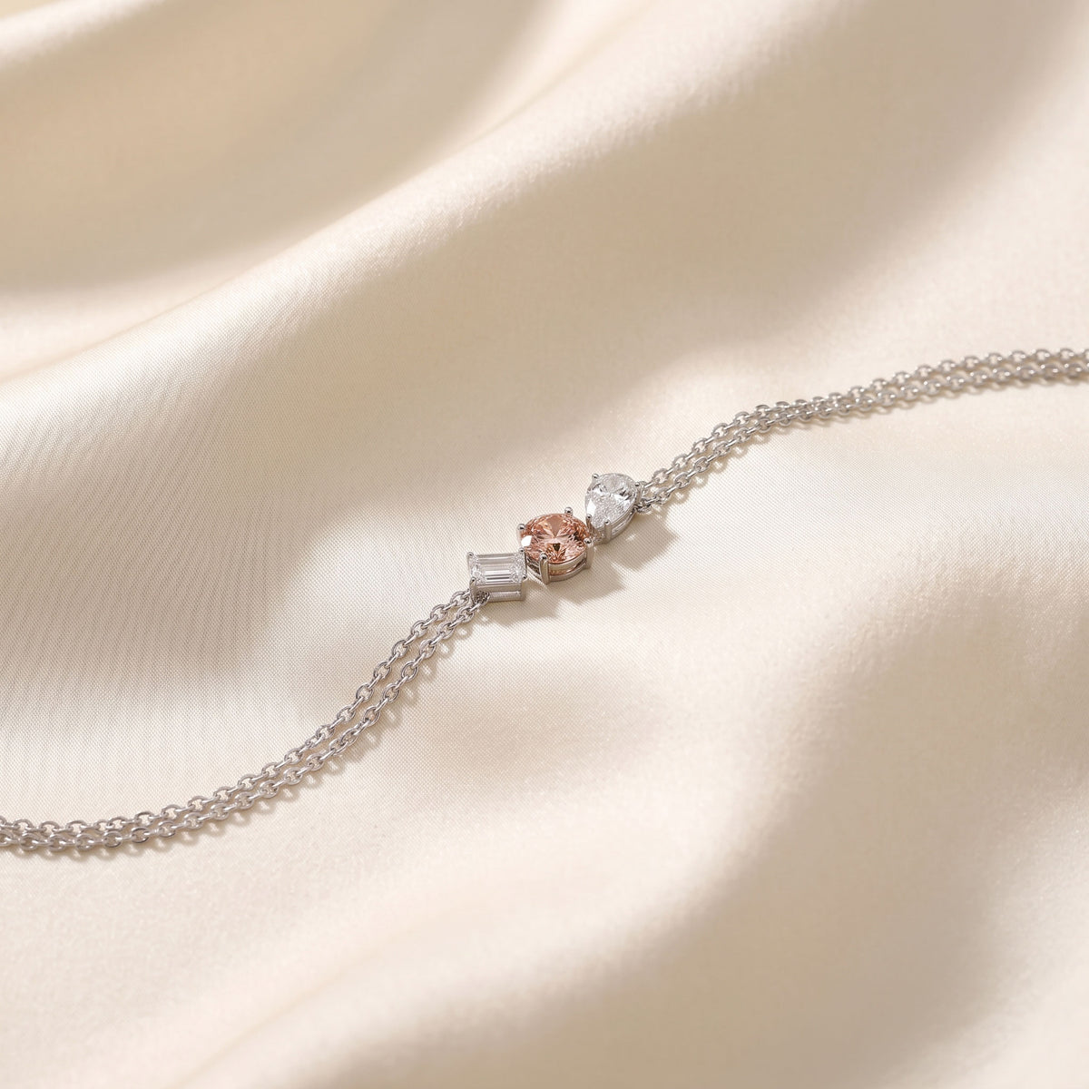 Trio Of Light Pink Rounds With Pear & Emerald Cut Delicate Double-Chain Bracelet Lab Grown Diamonds 14K White Gold 0.80 CTW