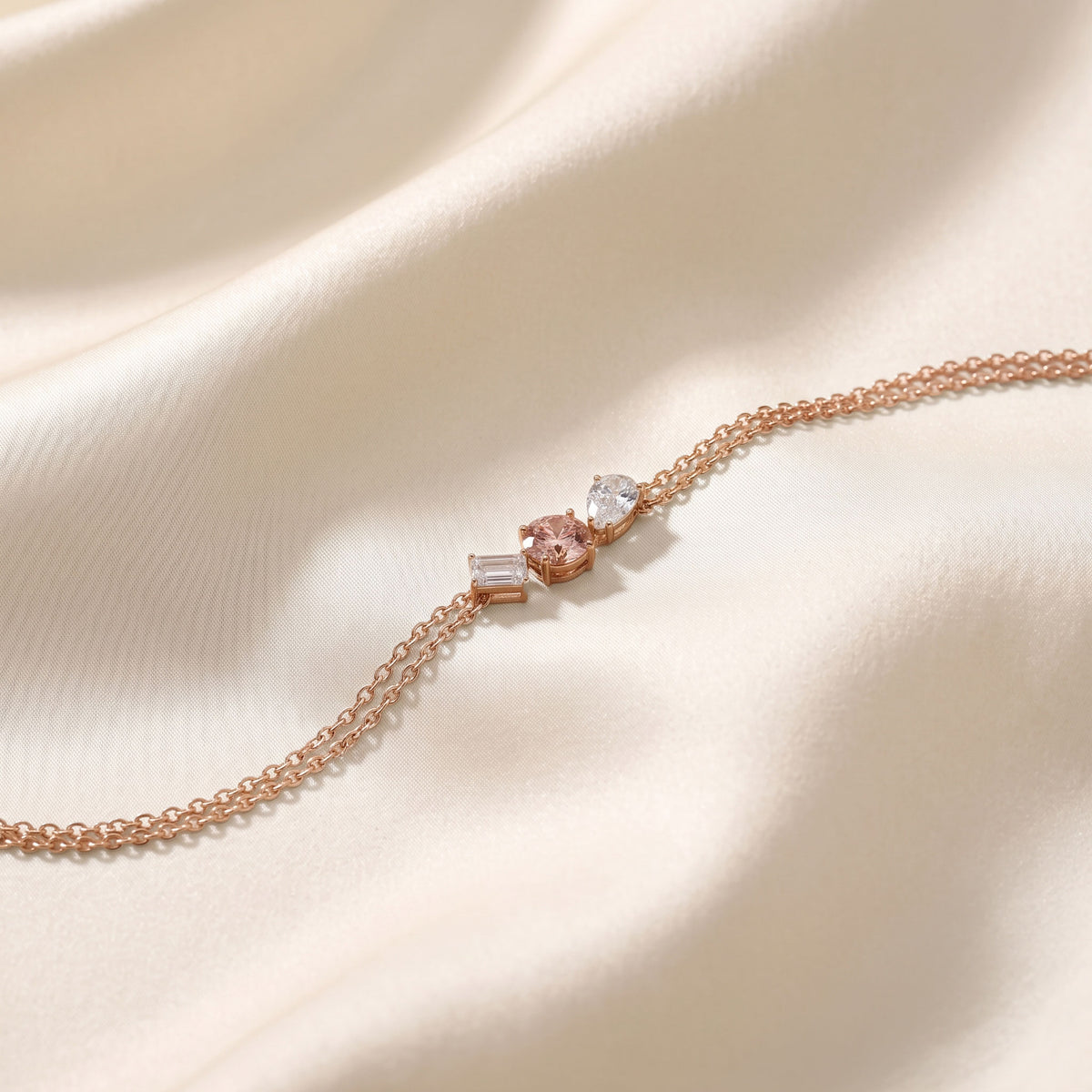 Trio Of Light Pink Rounds With Pear & Emerald Cut Delicate Double-Chain Bracelet Lab Grown Diamonds 18K Rose Gold 0.80 CTW