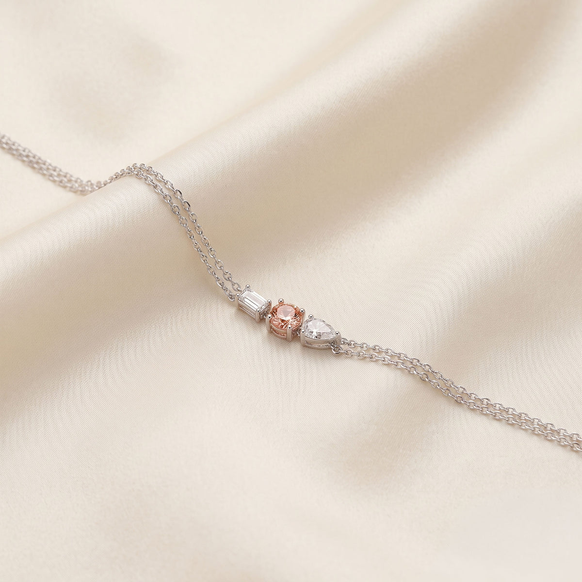 Trio Of Light Pink Rounds With Pear & Emerald Cut Delicate Double-Chain Bracelet Lab Grown Diamonds 18K White Gold 0.80 CTW
