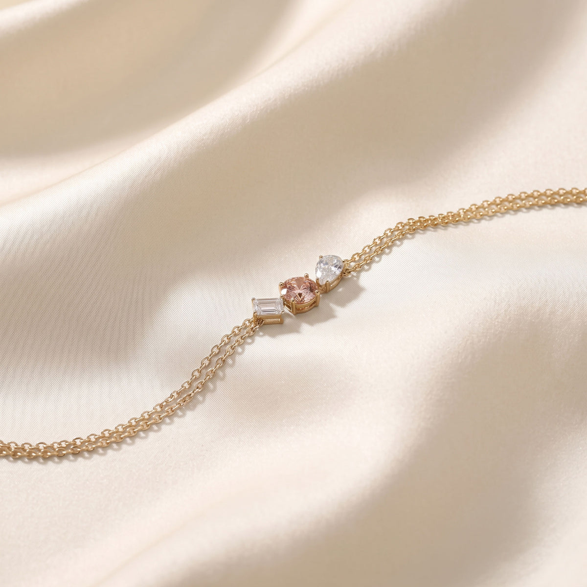 Trio Of Light Pink Rounds With Pear & Emerald Cut Delicate Double-Chain Bracelet Lab Grown Diamonds 18K Yellow Gold 0.80 CTW