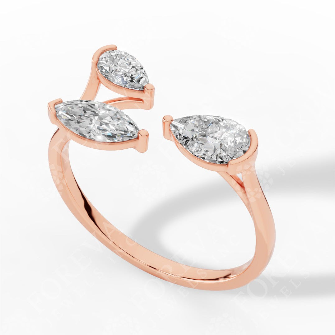 Trio Stone Open Pear & Marquise Cut Lab Grown Diamond Ring rose gold side 18k rose gold