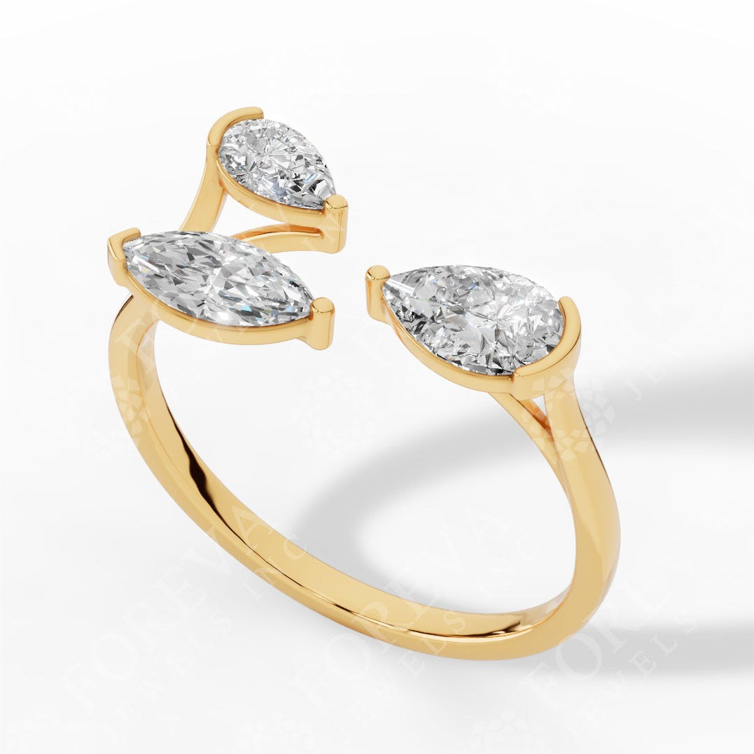 Trio Stone Open Pear & Marquise Cut Lab Grown Diamond Ring 18k yellow gold