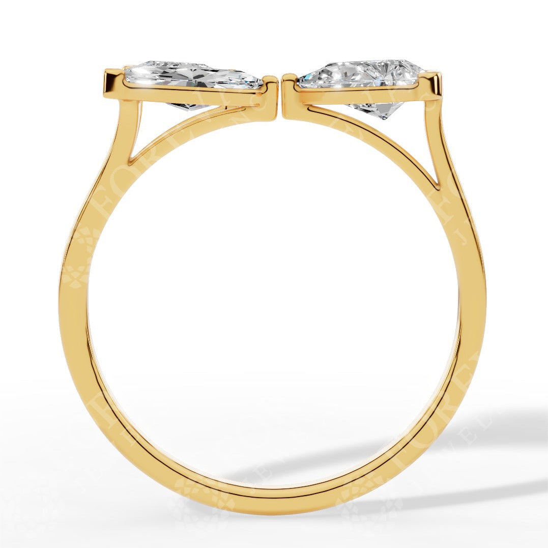 Trio Stone Open Pear & Marquise Cut Lab Grown Diamond Ring yellow gold side