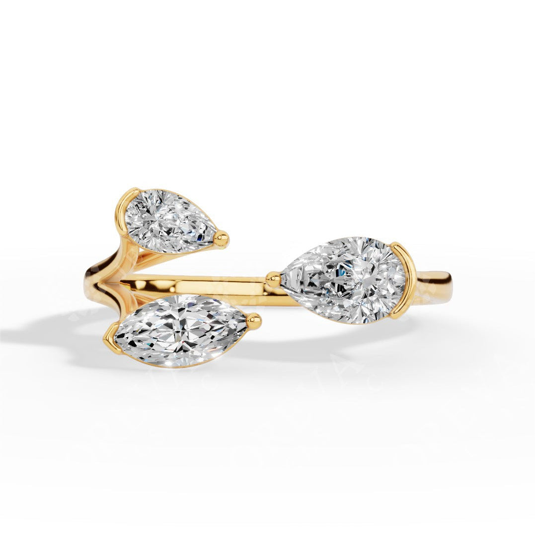 Trio Stone Open Pear & Marquise Cut Lab Grown Diamond Ring yellow gold