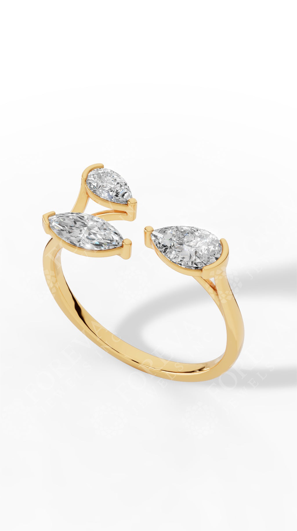 Trio Stone Open Pear & Marquise Cut Ring 14K Yellow Gold 0.8 CTW