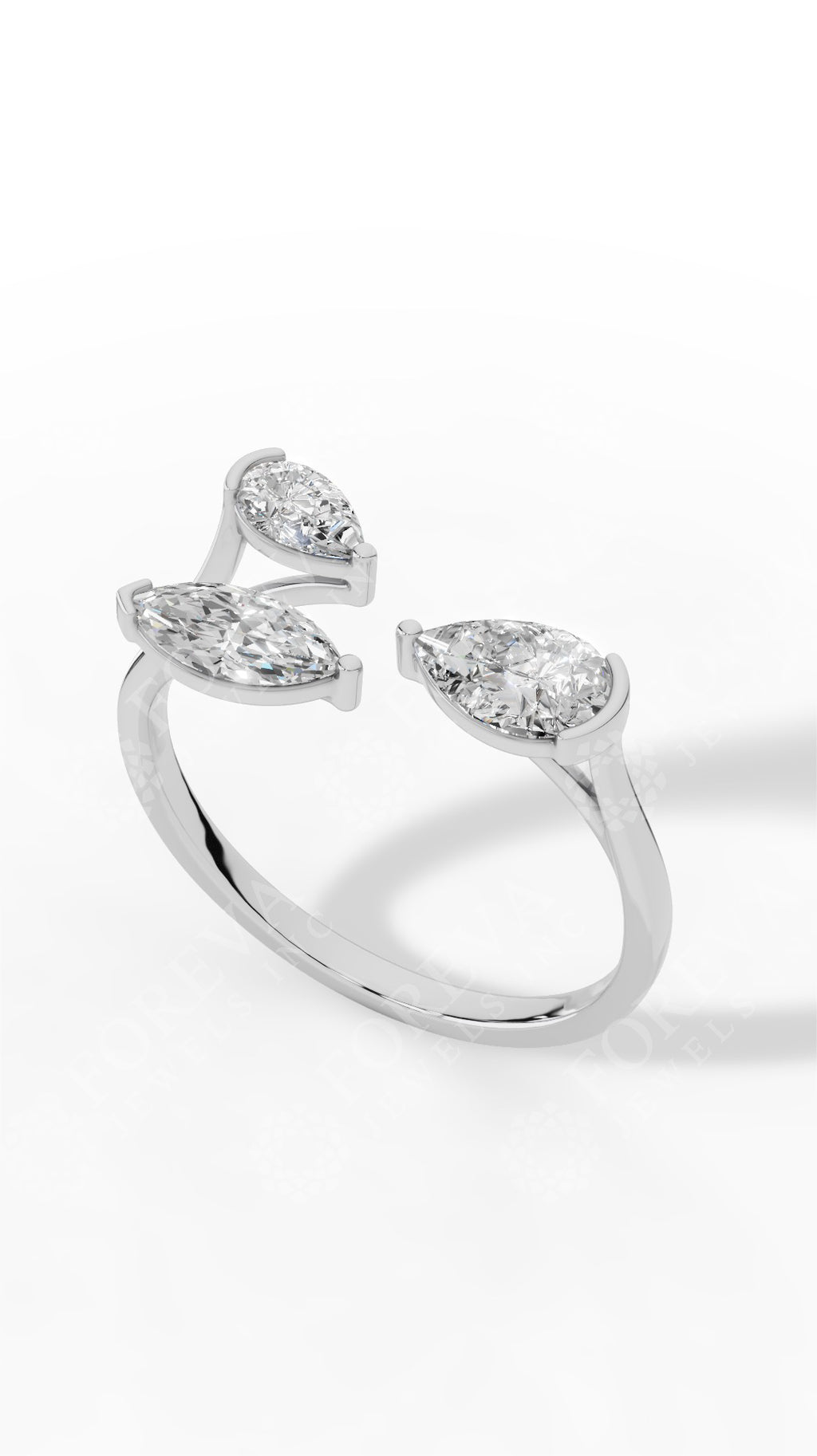 Trio Stone Open Pear & Marquise Cut Ring 18K White Gold 0.8 CTW