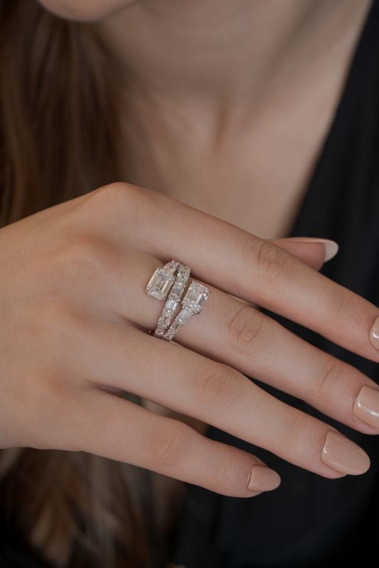 Triple Band Emerald Cut Lab Grown Diamond Bypass Wrap Ring in 14K White Gold 5.07 CTW