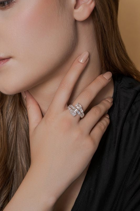 Triple Band Emerald Cut Lab Grown Diamond Bypass Wrap Ring in 18K Rose Gold 5.07 CTW
