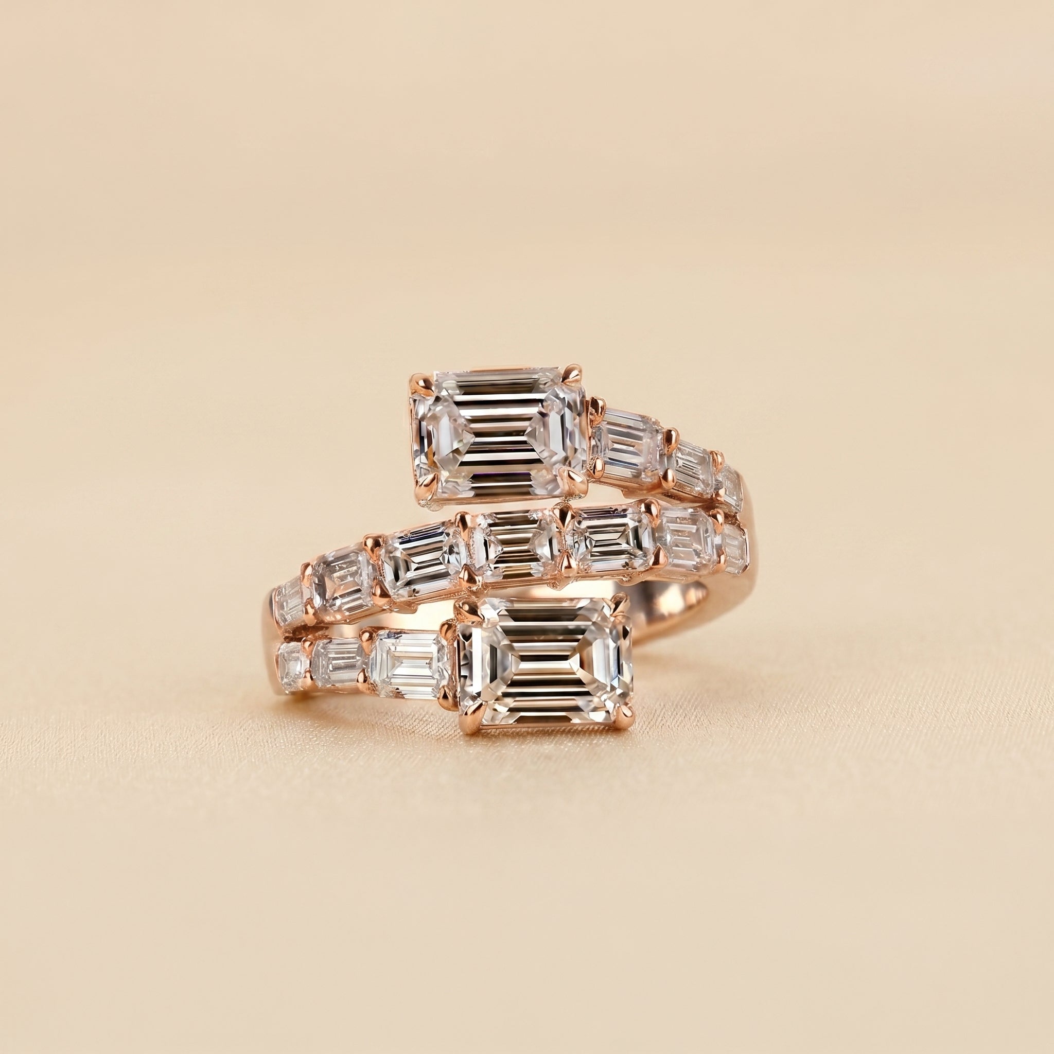 Triple Band Emerald Cut Lab Grown Diamond Bypass Wrap Ring in 10K Rose Gold 5.07 CTW