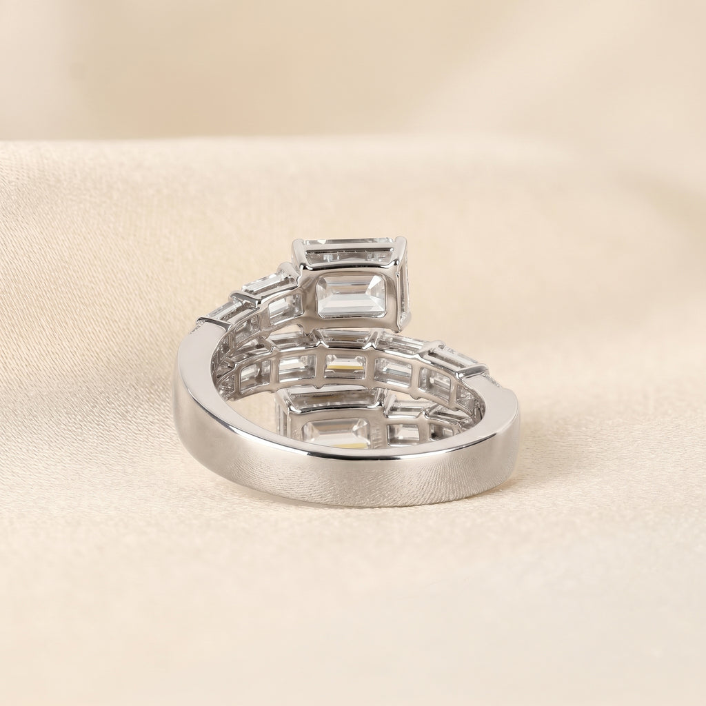 Triple Band Emerald Cut Lab Grown Diamond Bypass Wrap Ring in 10K White Gold 5.07 CTW