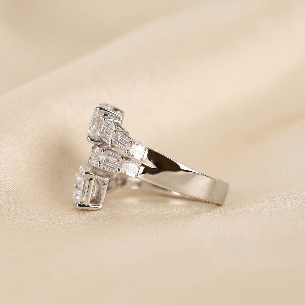 Triple Band Emerald Cut Lab Grown Diamond Bypass Wrap Ring in 10K White Gold 5.07 CTW