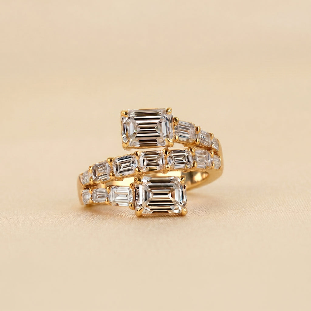 Triple Band Emerald Cut Lab Grown Diamond Bypass Wrap Ring in 10K Yellow Gold 5.07 CTW