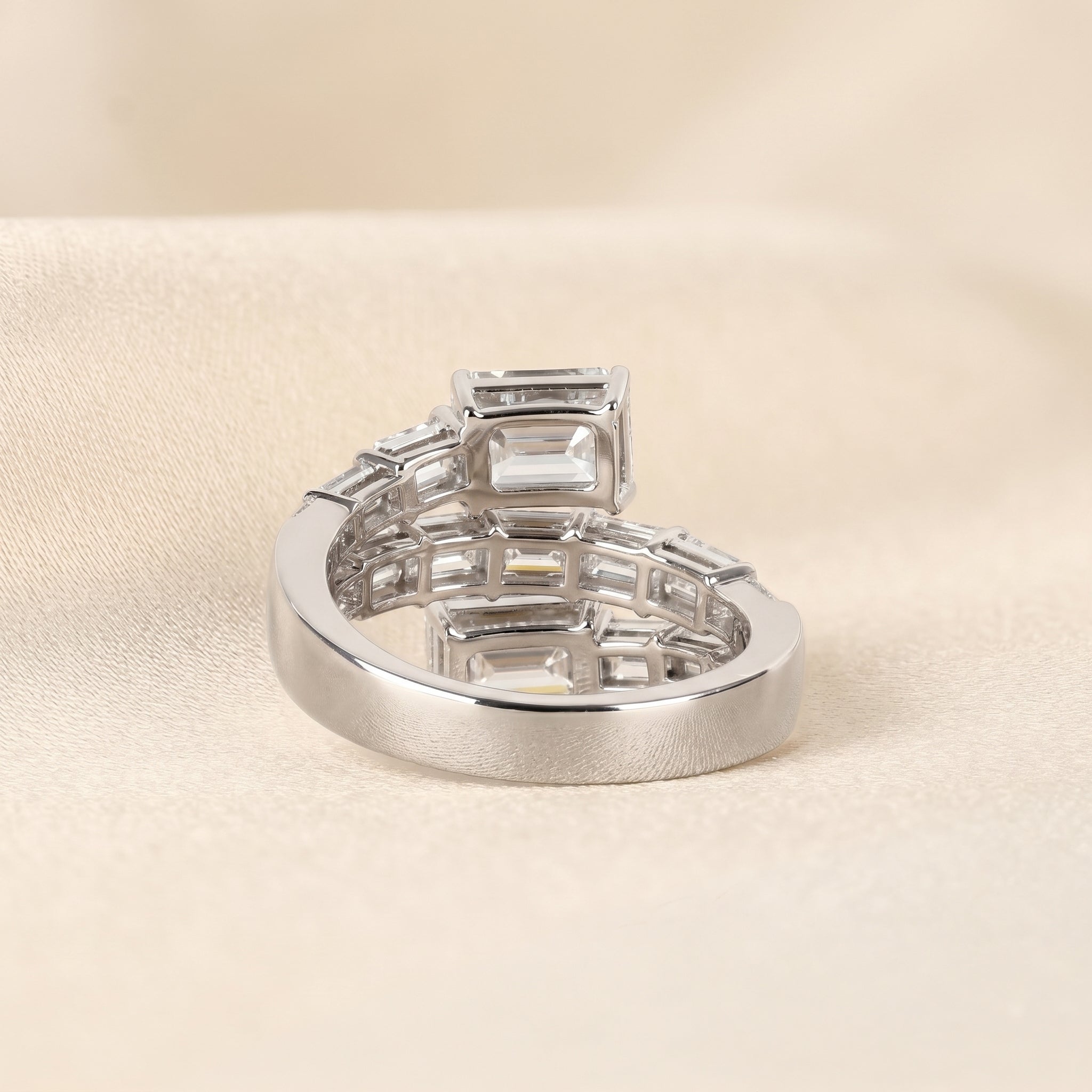 Triple Band Emerald Cut Lab Grown Diamond Bypass Wrap Ring in 14K White Gold 5.07 CTW