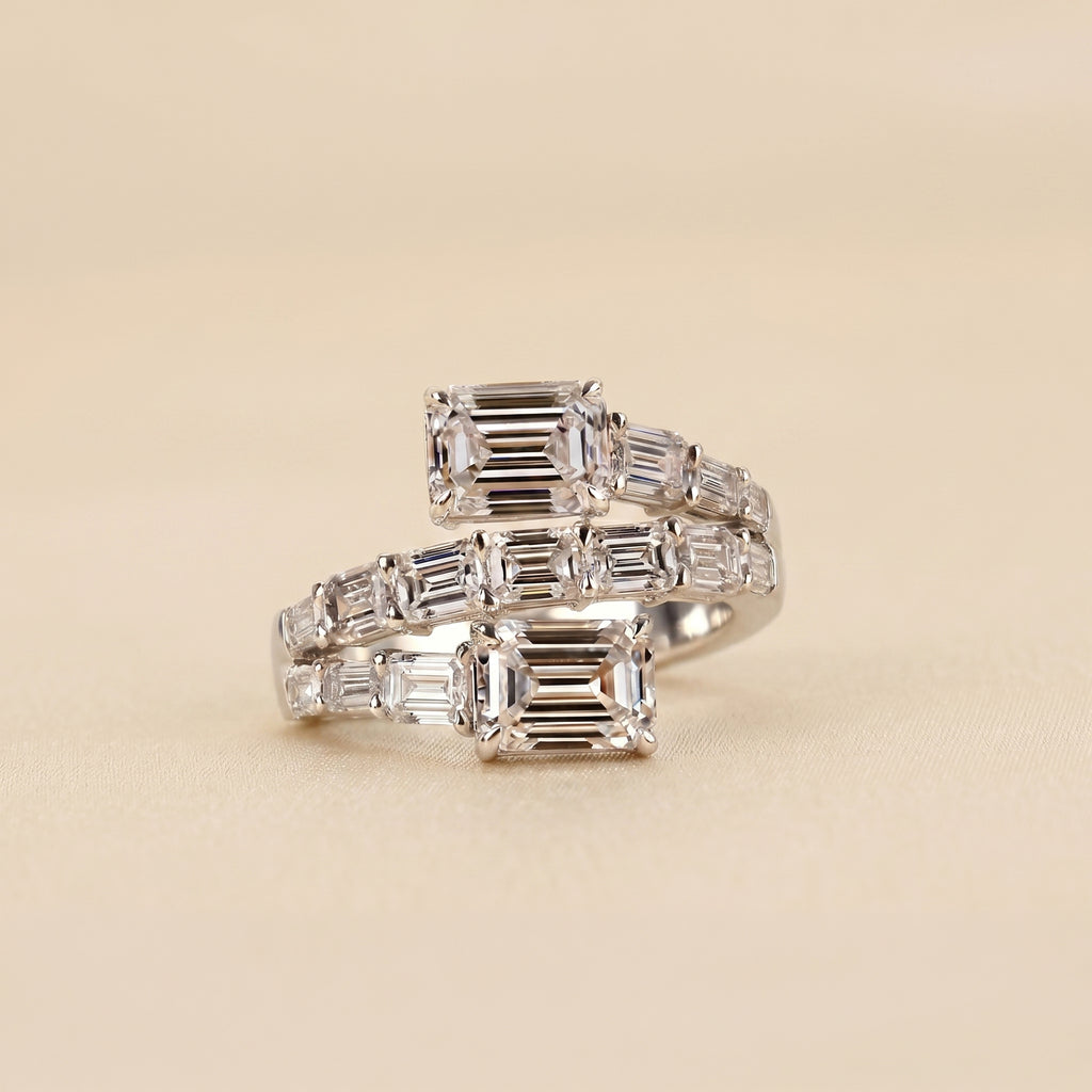 Triple Band Emerald Cut Lab Grown Diamond Bypass Wrap Ring in 14K White Gold 5.07 CTW