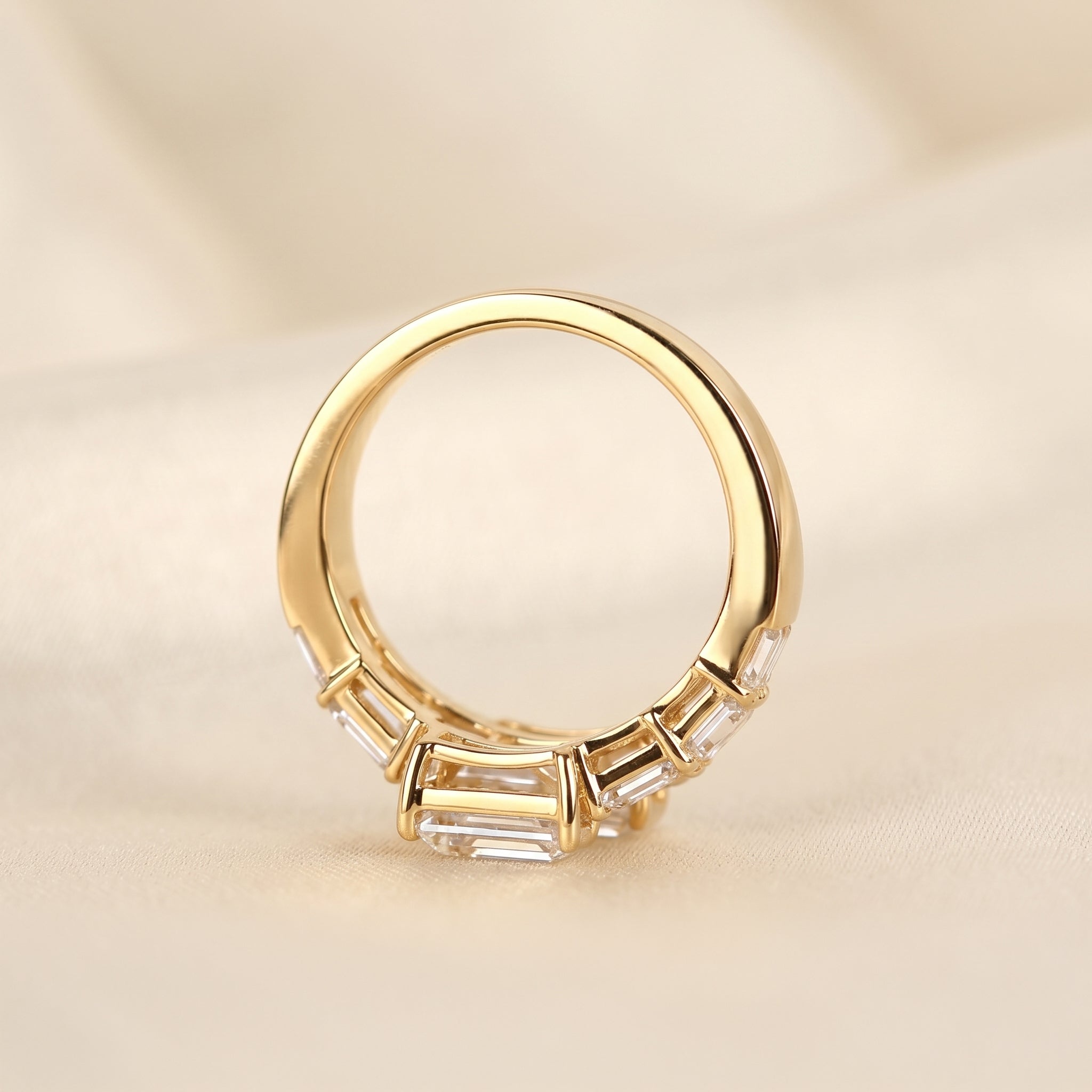Triple Band Emerald Cut Lab Grown Diamond Bypass Wrap Ring in 14K Yellow Gold 5.07 CTW