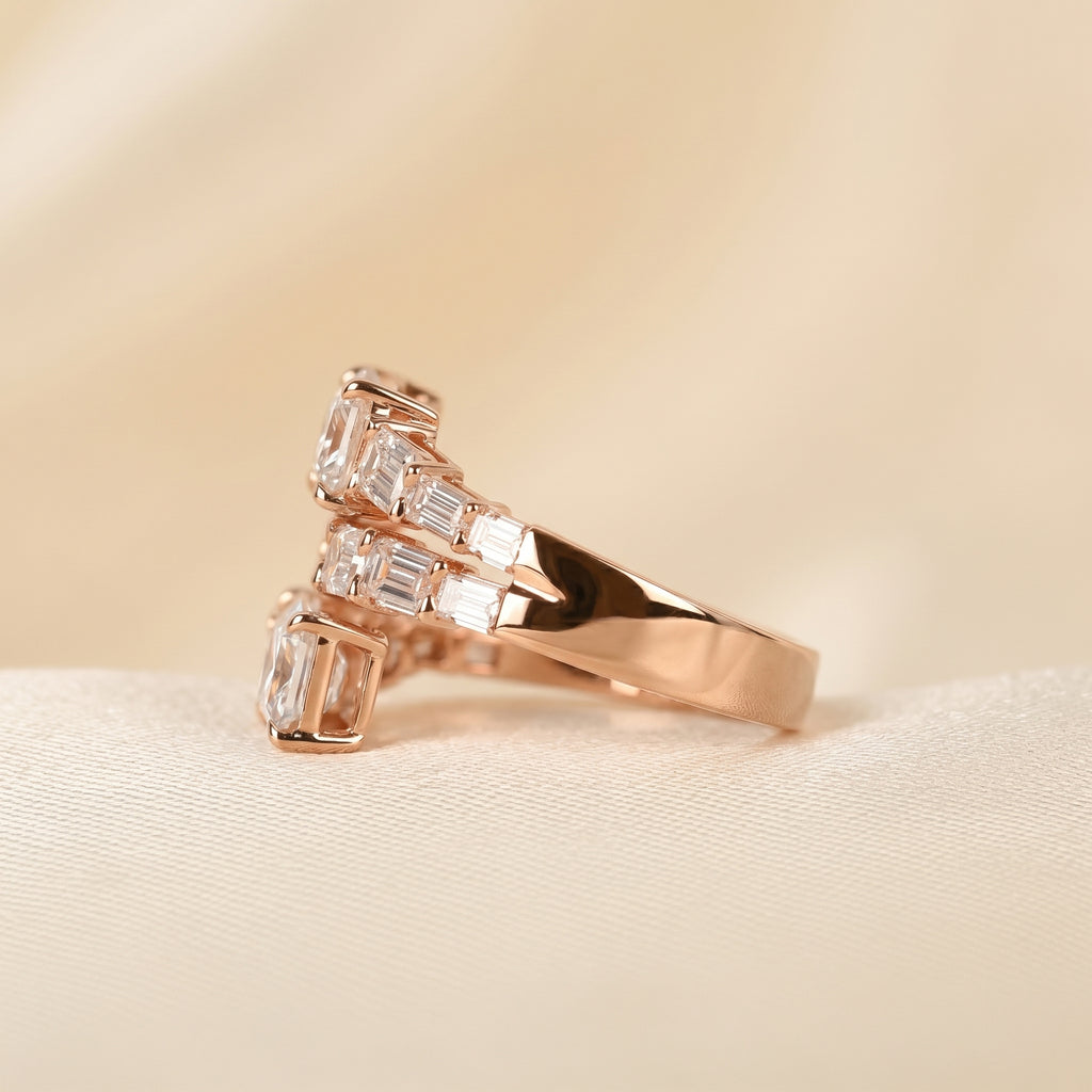 Triple Band Emerald Cut Lab Grown Diamond Bypass Wrap Ring in 18K Rose Gold 5.07 CTW