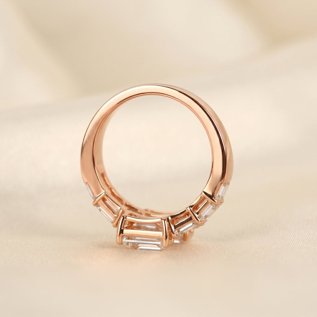 Triple Band Emerald Cut Lab Grown Diamond Bypass Wrap Ring in 18K Rose Gold 5.07 CTW