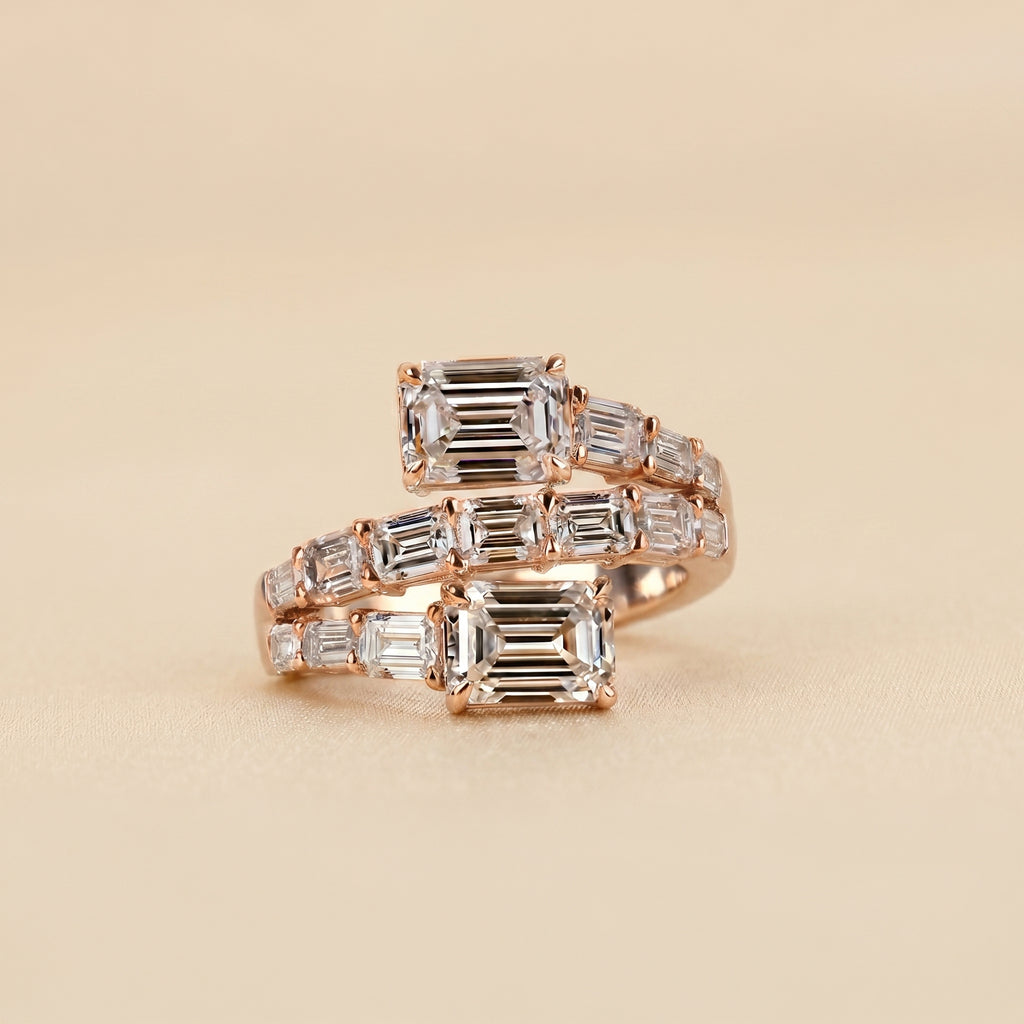 Triple Band Emerald Cut Lab Grown Diamond Bypass Wrap Ring in 18K Rose Gold 5.07 CTW