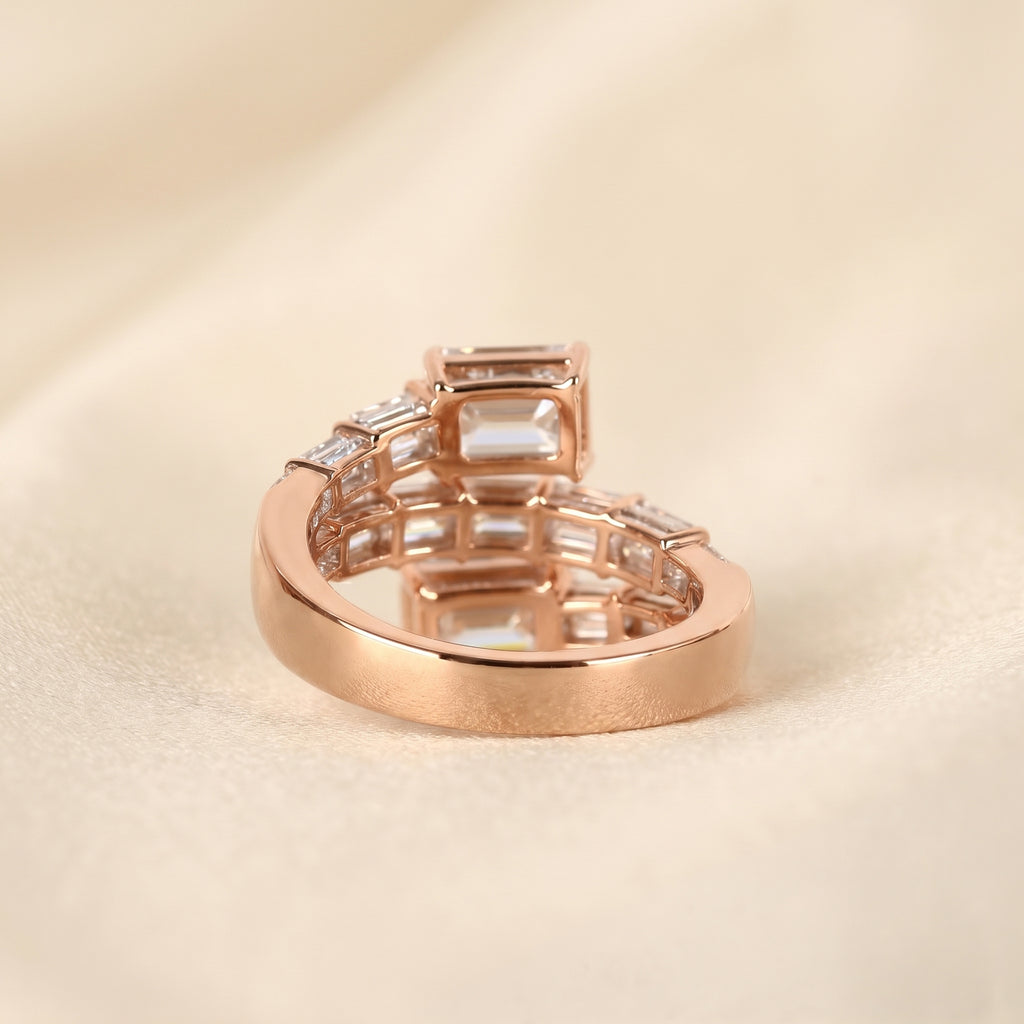 Triple Band Emerald Cut Lab Grown Diamond Bypass Wrap Ring in 18K Rose Gold 5.07 CTW