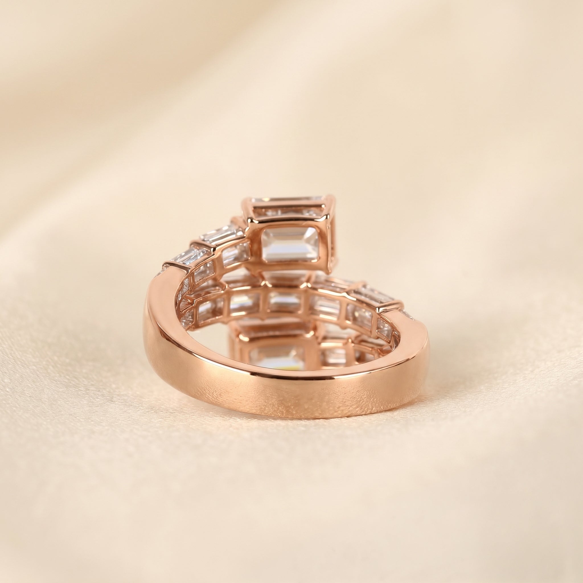 Triple Band Emerald Cut Lab Grown Diamond Bypass Wrap Ring in 18K Rose Gold 5.07 CTW