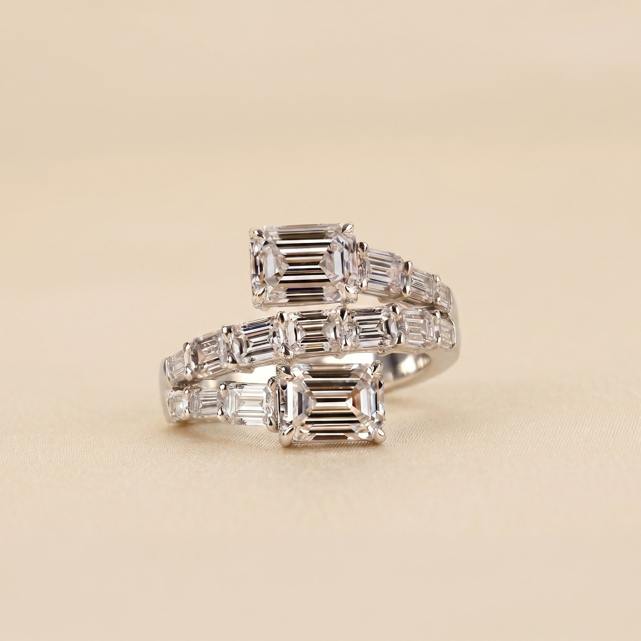 Triple Band Emerald Cut Lab Grown Diamond Bypass Wrap Ring in 18K White Gold 5.07 CTW