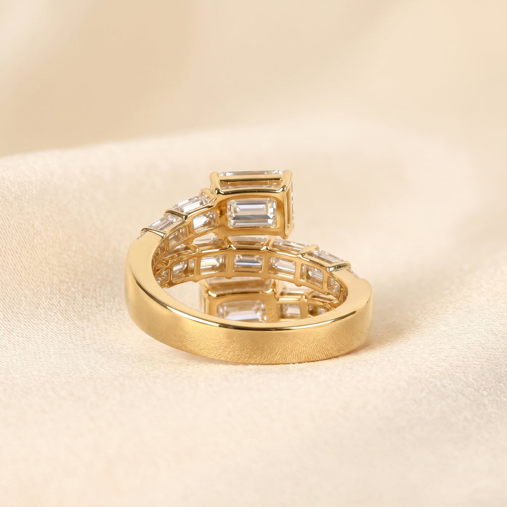 Triple Band Emerald Cut Lab Grown Diamond Bypass Wrap Ring in 18K Yellow Gold 5.07 CTW