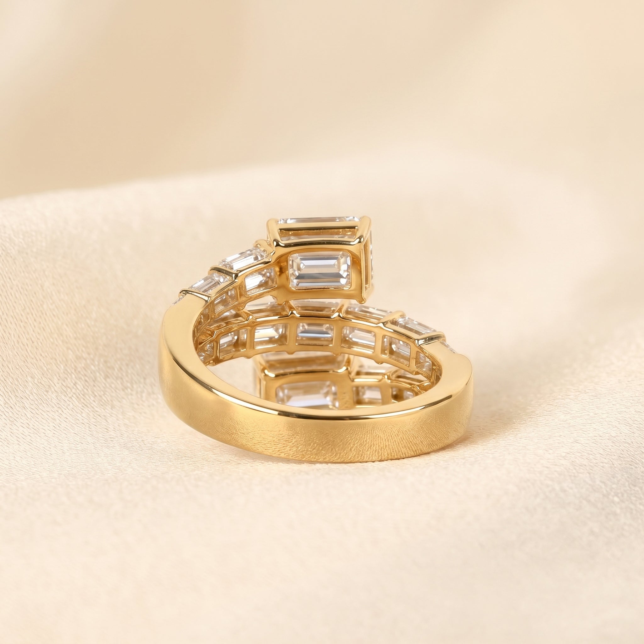 Triple Band Emerald Cut Lab Grown Diamond Bypass Wrap Ring in 18K Yellow Gold 5.07 CTW
