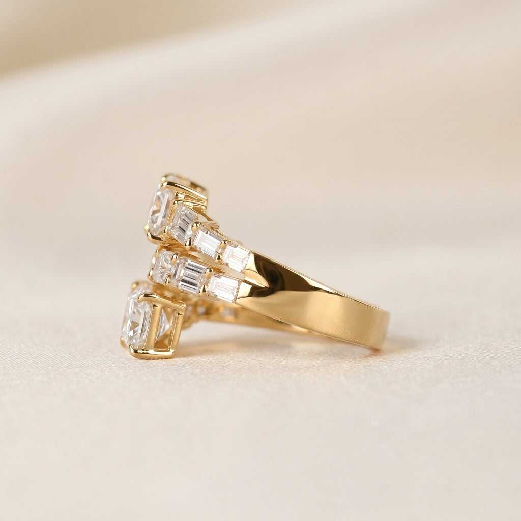 Triple Band Emerald Cut Lab Grown Diamond Bypass Wrap Ring in 18K Yellow Gold 5.07 CTW