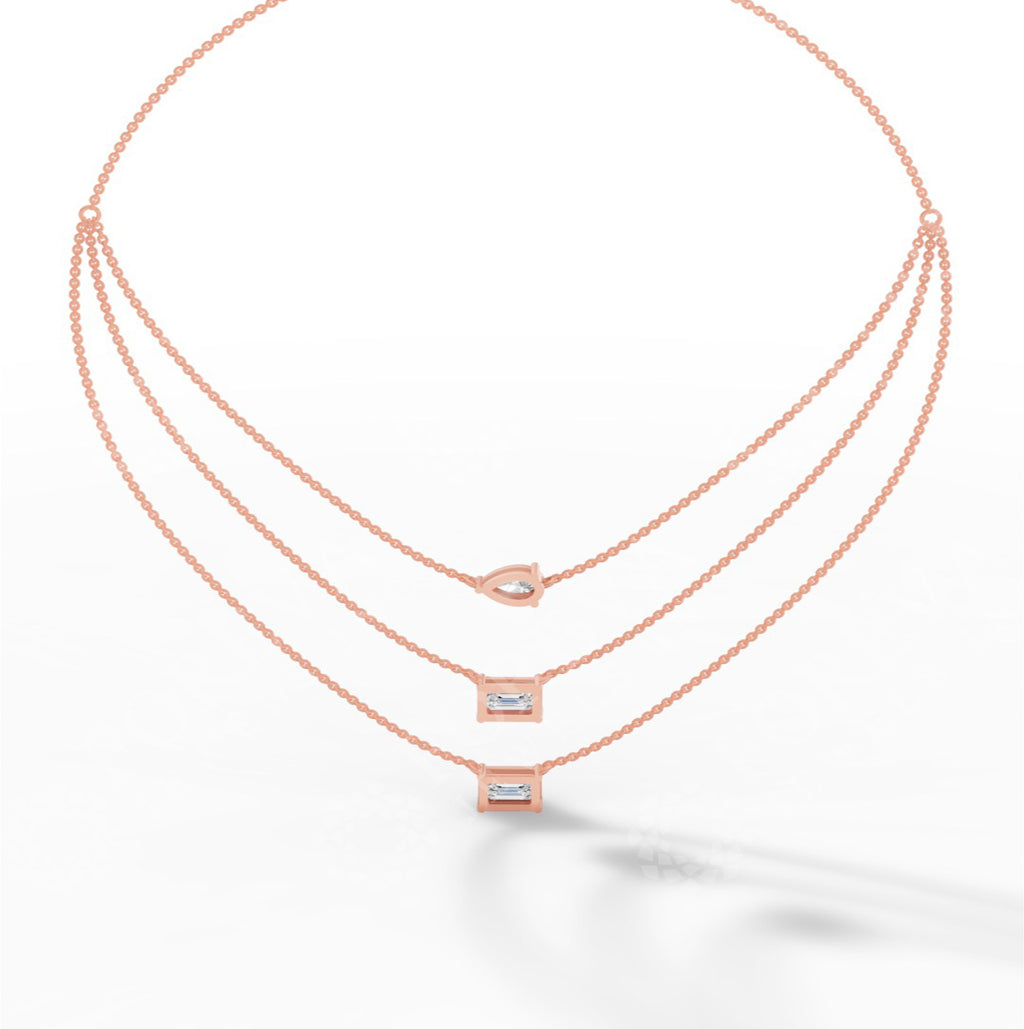 Triple Layered Necklace In Emerald & Pear Cut 10K Rose Gold 3.8 CTW