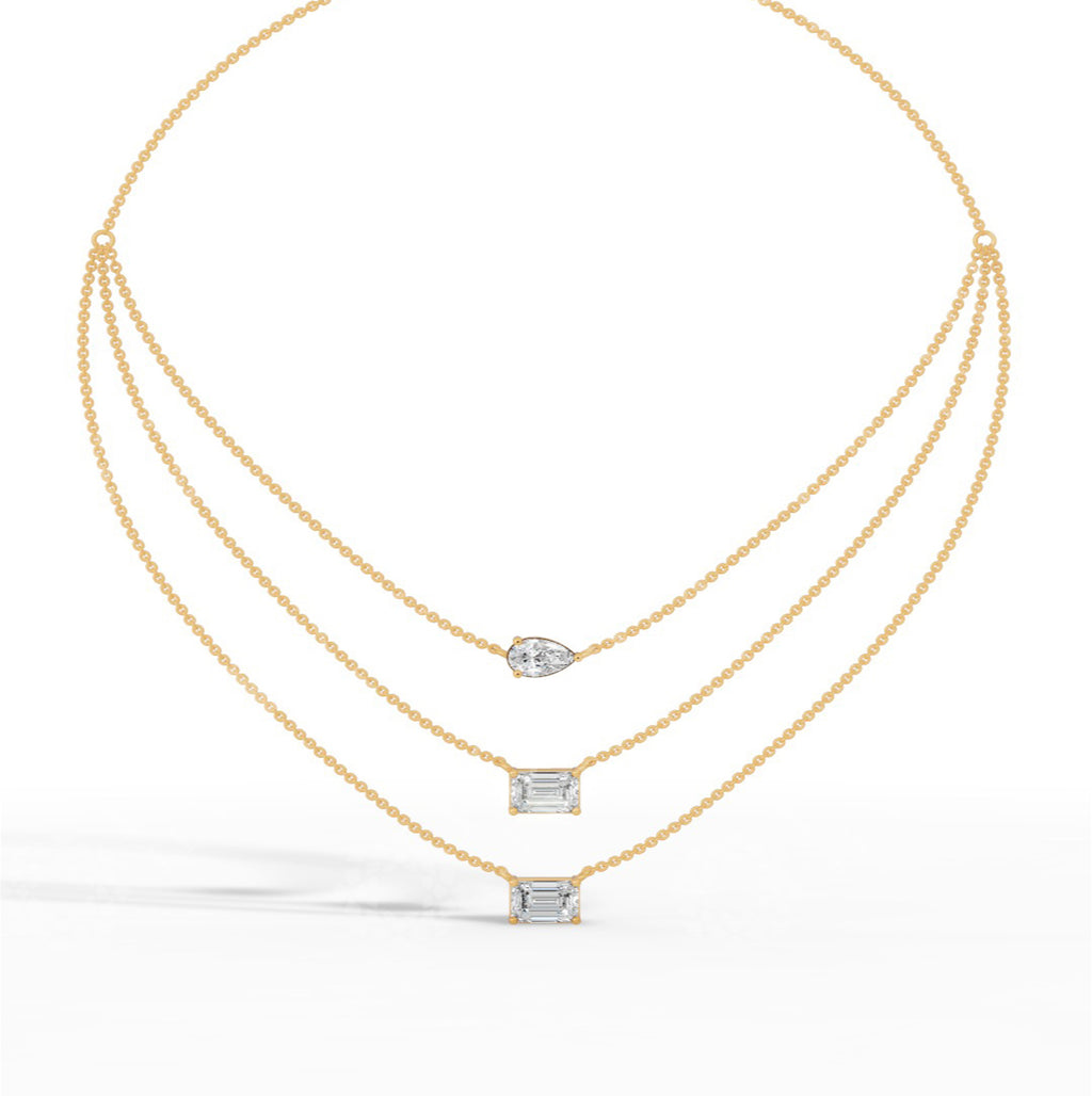 Triple Layered Necklace In Emerald & Pear Cut 10K Yellow Gold 3.8 CTW