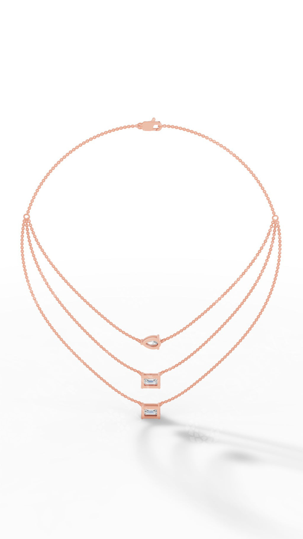 Triple Layered Necklace In Emerald & Pear Cut 14K Rose Gold 3.8 CTW