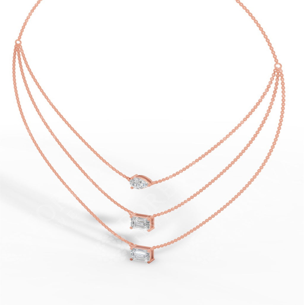Triple Layered Necklace In Emerald & Pear Cut 14K Rose Gold 3.8 CTW