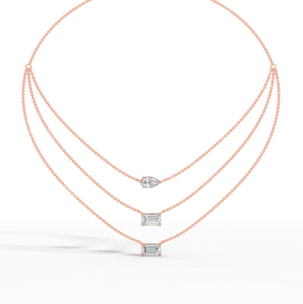 Triple Layered Necklace In Emerald & Pear Cut 14K Rose Gold 3.8 CTW