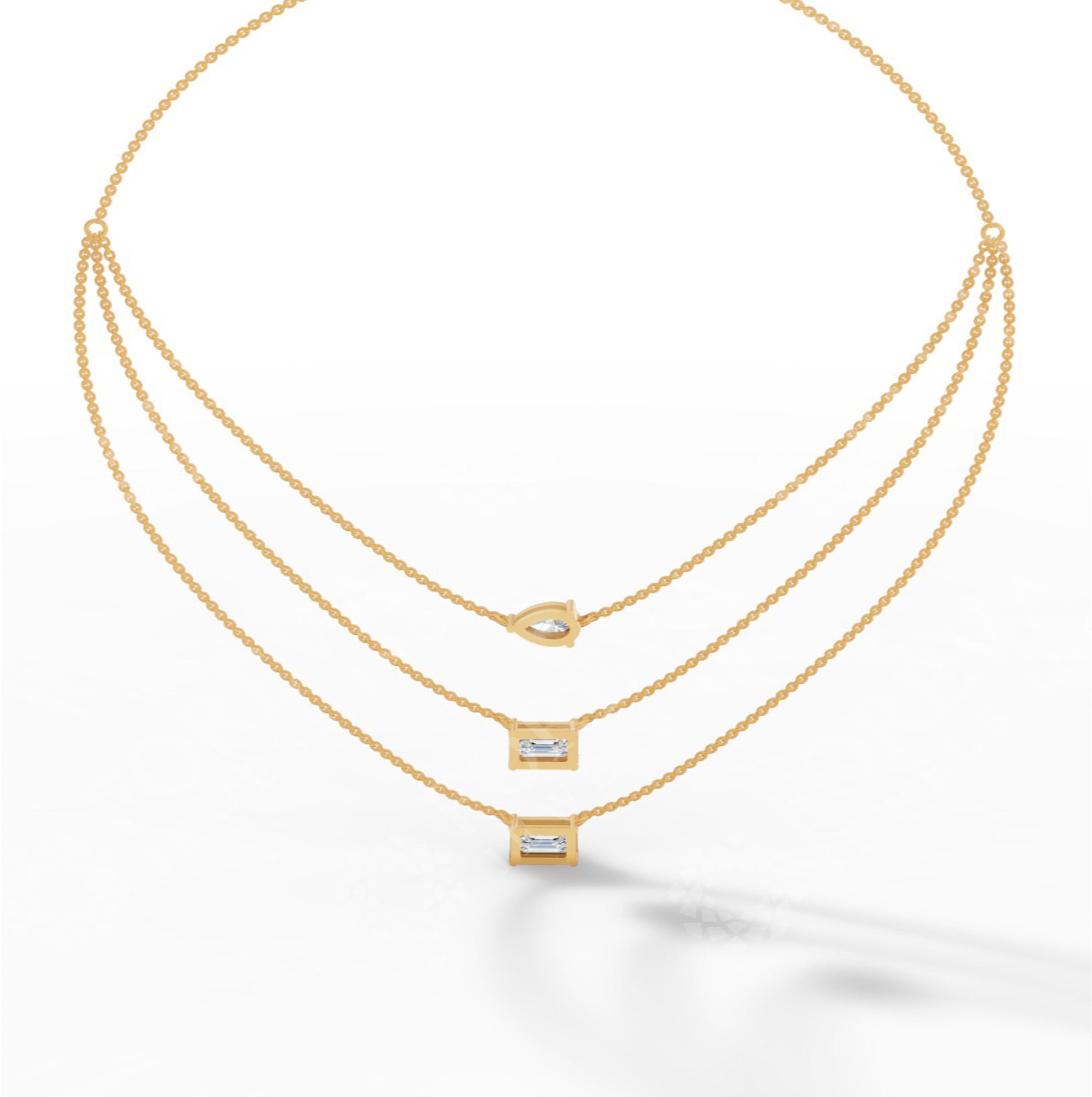 Triple Layered Necklace In Emerald & Pear Cut 14K Yellow Gold 3.8 CTW