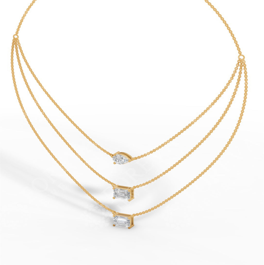 Triple Layered Necklace In Emerald & Pear Cut 14K Yellow Gold 3.8 CTW