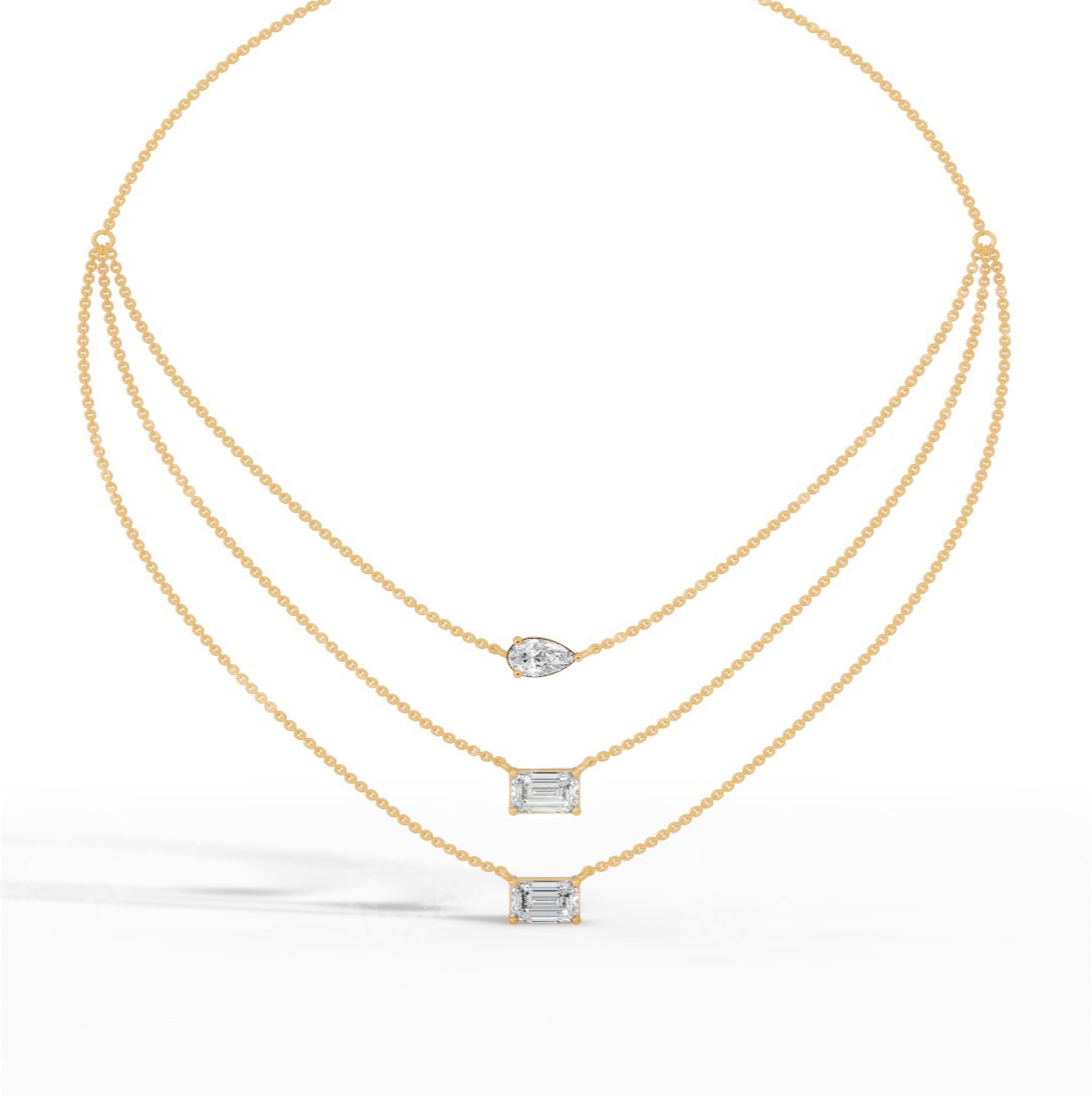 Triple Layered Necklace In Emerald & Pear Cut 14K Yellow Gold 3.8 CTW