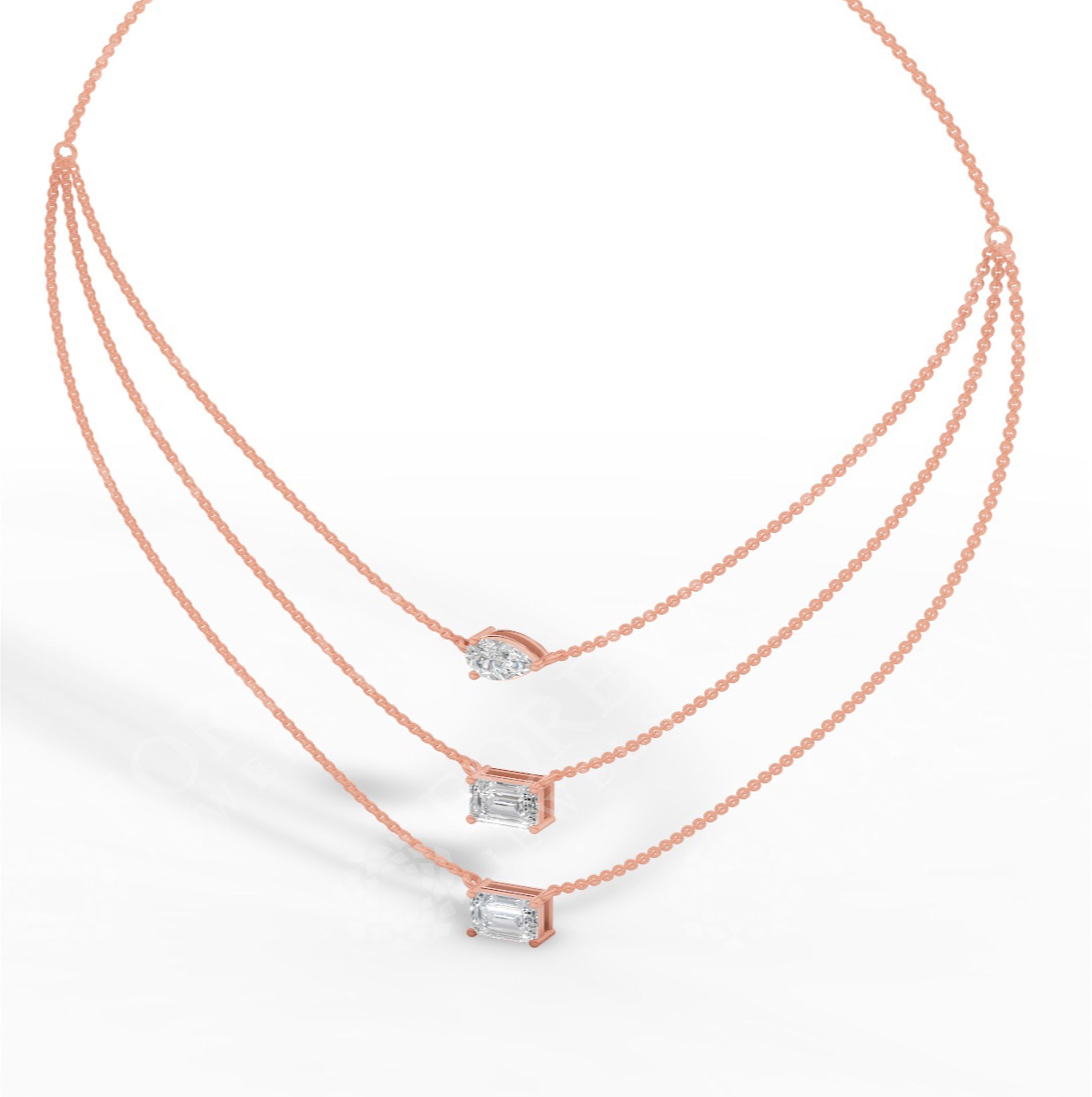 Triple Layered Necklace In Emerald & Pear Cut 18K Rose Gold 3.8 CTW